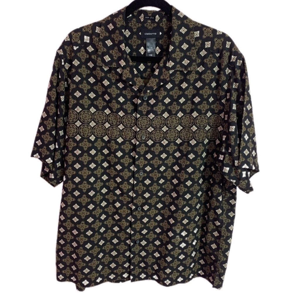 Vtg. Claiborne 100% Silk Black and Gold Geometric Button-Up Shirt - Picture 1 of 9